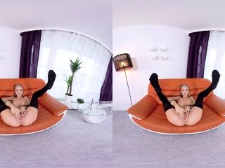 Hot skinny blonde masturbates on couch